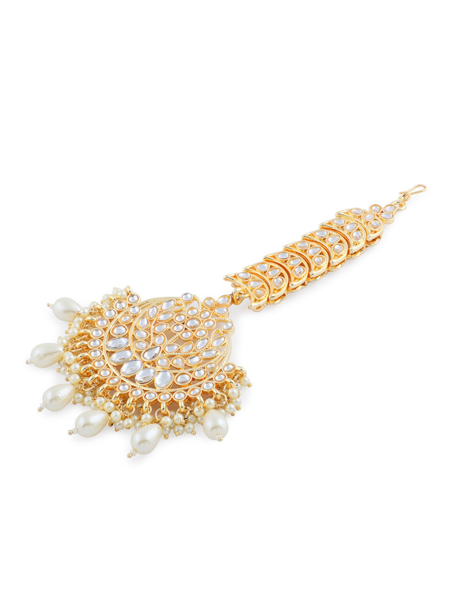 Fida Kundan Pearls Beads Gold-Plated Crescent Maangtikka for Women