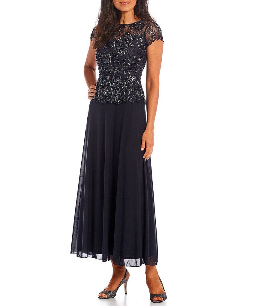 Jkara Petite Size V-Neck 3/4 Sleeve Beaded Bodice Gown