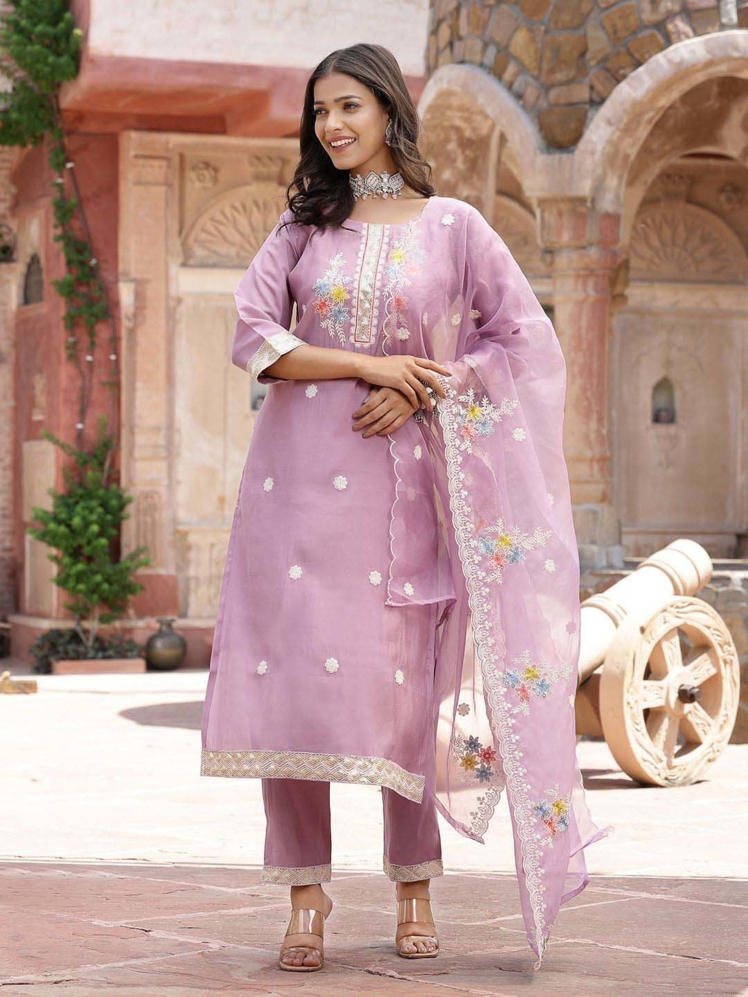 Stylum Purple Embroidered Kurta Pant Set With Dupatta