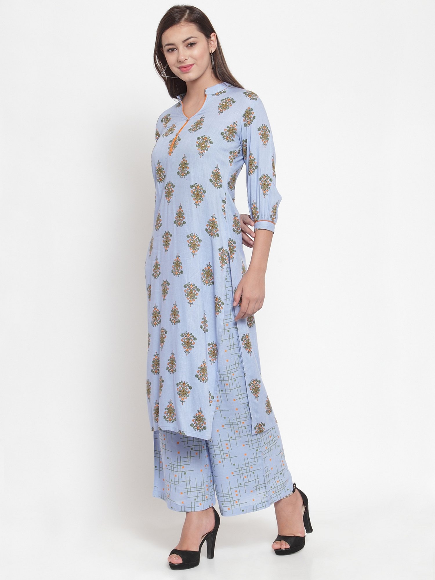 Indibelle Blue Cotton Floral Print Straight Kurta