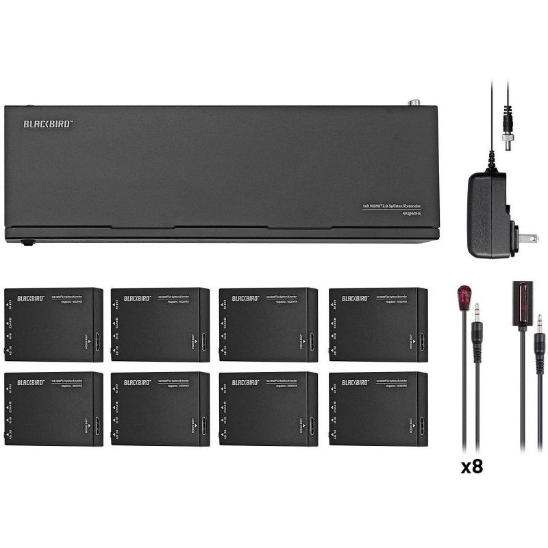 Monoprice Blackbird 4K HDMI 2.0 1x8 Splitter Extender Complete Solution Kit-- 18Gbps, HDR, 4K@60Hz, YCbCr 4:4:4, HDCP 2.2, Cat6/6a/7 with IR, Loop