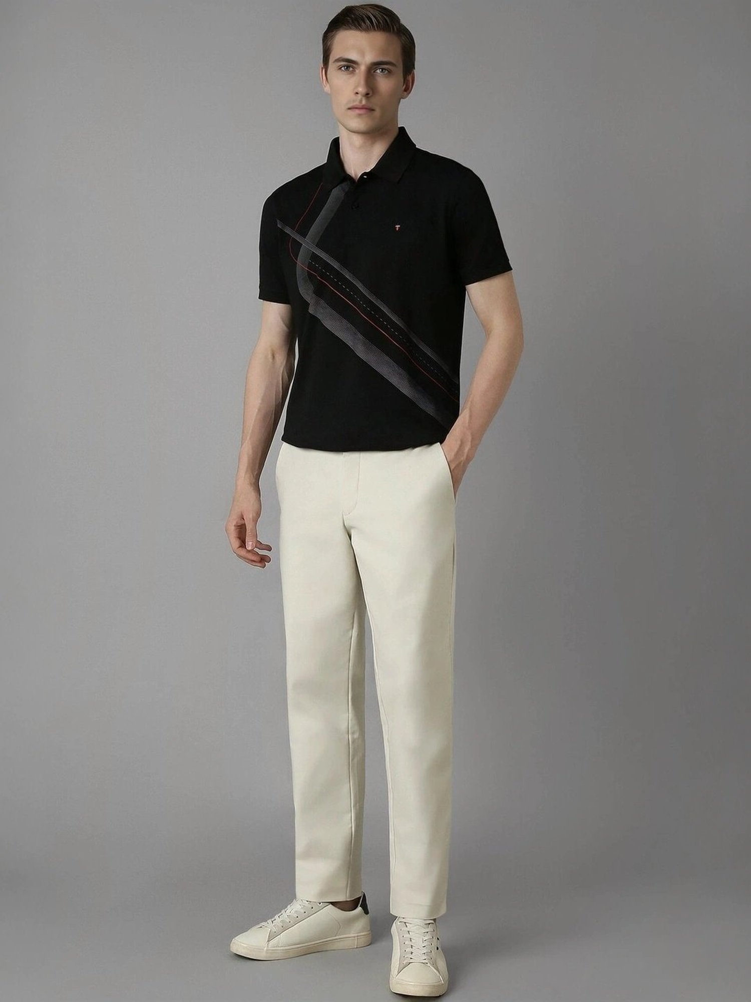 Louis Philippe Black Cotton Slim Fit Printed Polo T-Shirt