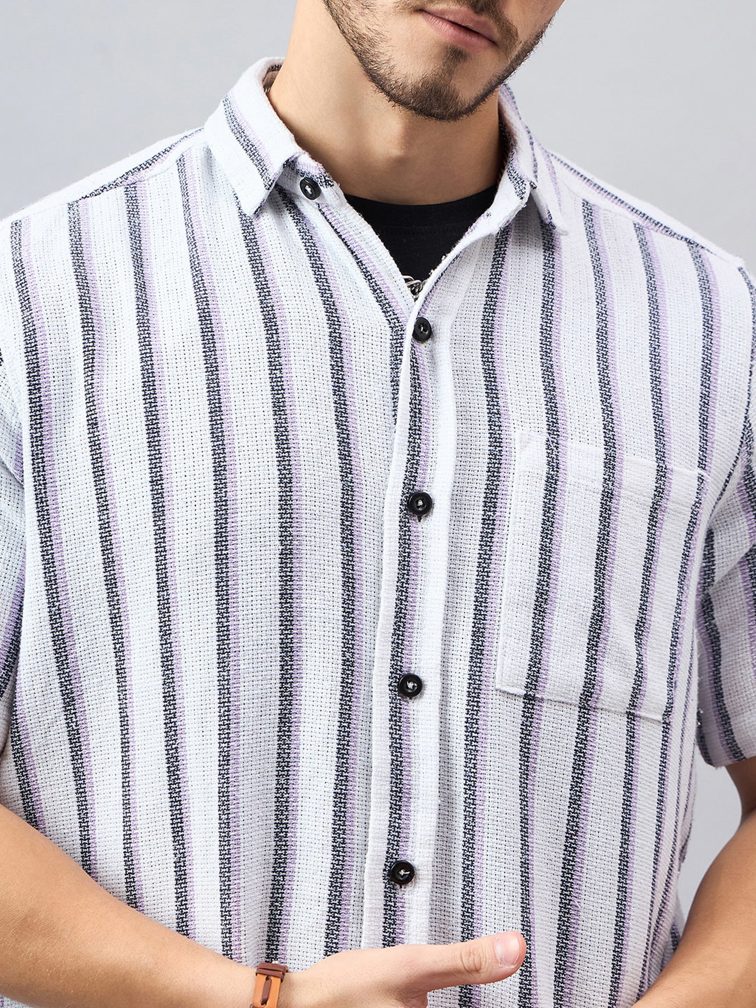 CHIMPAAANZEE White & Purple Regular Fit Striped Shirt