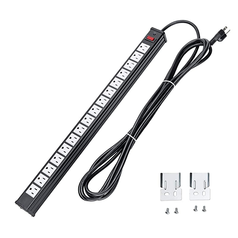 Rack Mount Power Outlet 16 Outlet Heavy Duty Aluminum Socket AntiThunder Power Strip with 15Foot Extension Cord Surge Protector Duty Multi Plug Outlet with Smart Circuit Breaker White
