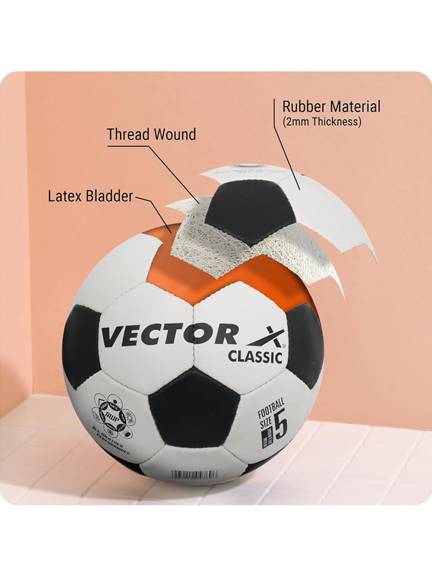 Vector X Classic Synthetic Rubberized Football (White & Black) Size - 5