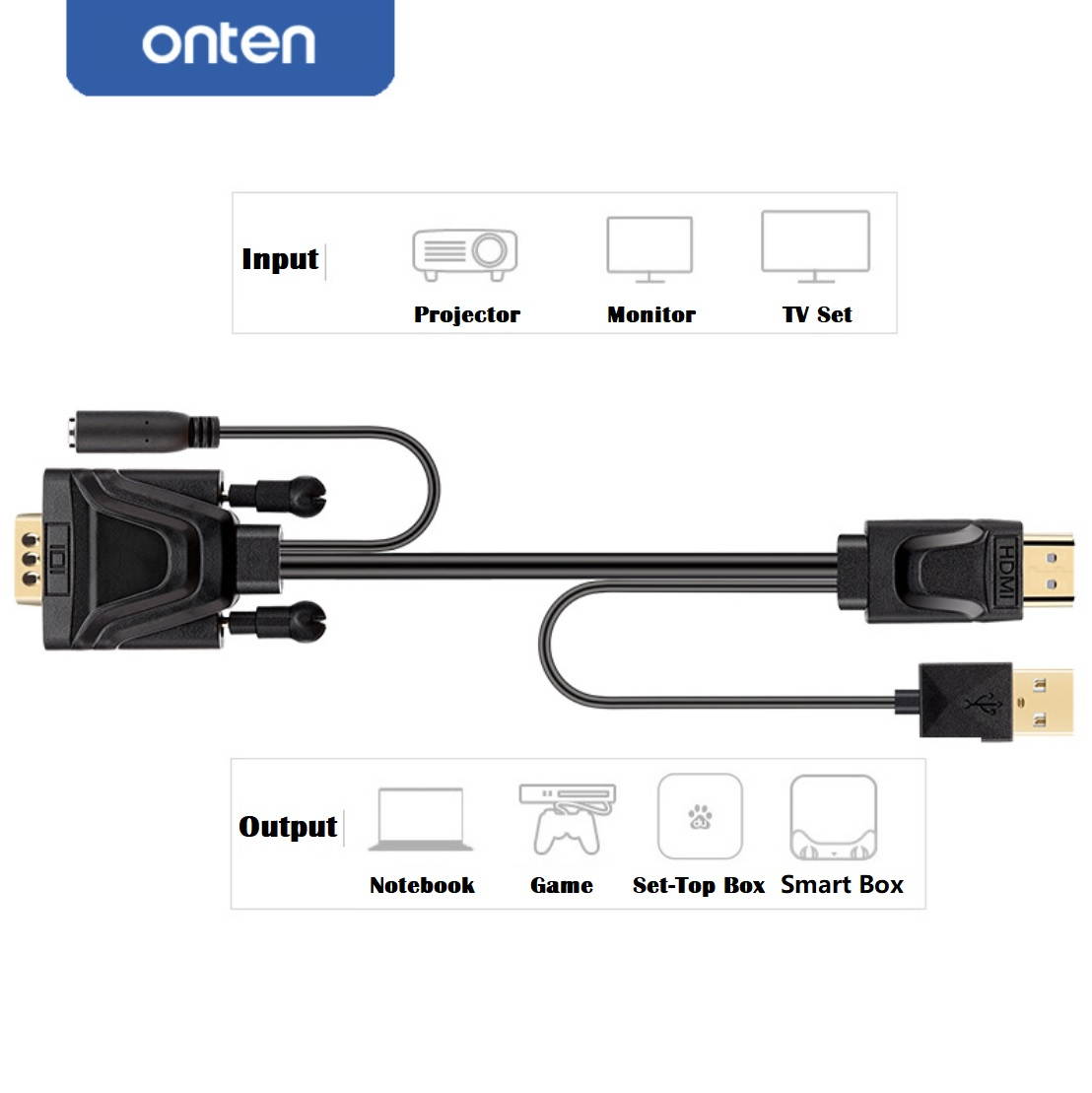 1.8m HDMI to VGA Cable Male To Famale Converter 1080P Video Cable with 3.5mm Audio and USB Power Supply.