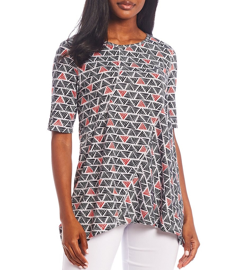 Multiples Geo Multi Print Knit Button Detail Elbow Sleeve Sharkbite Hem Top