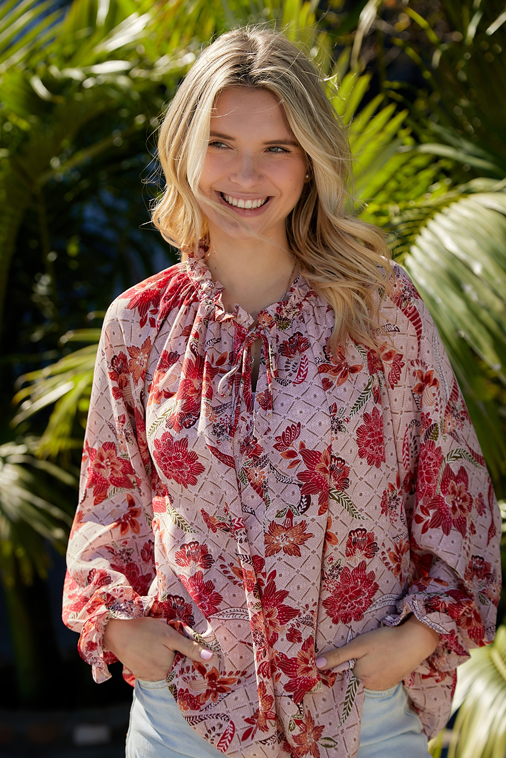 One World Apparel Jacquard Square Neck Short Sleeve Ivory Multi Floral Print Top