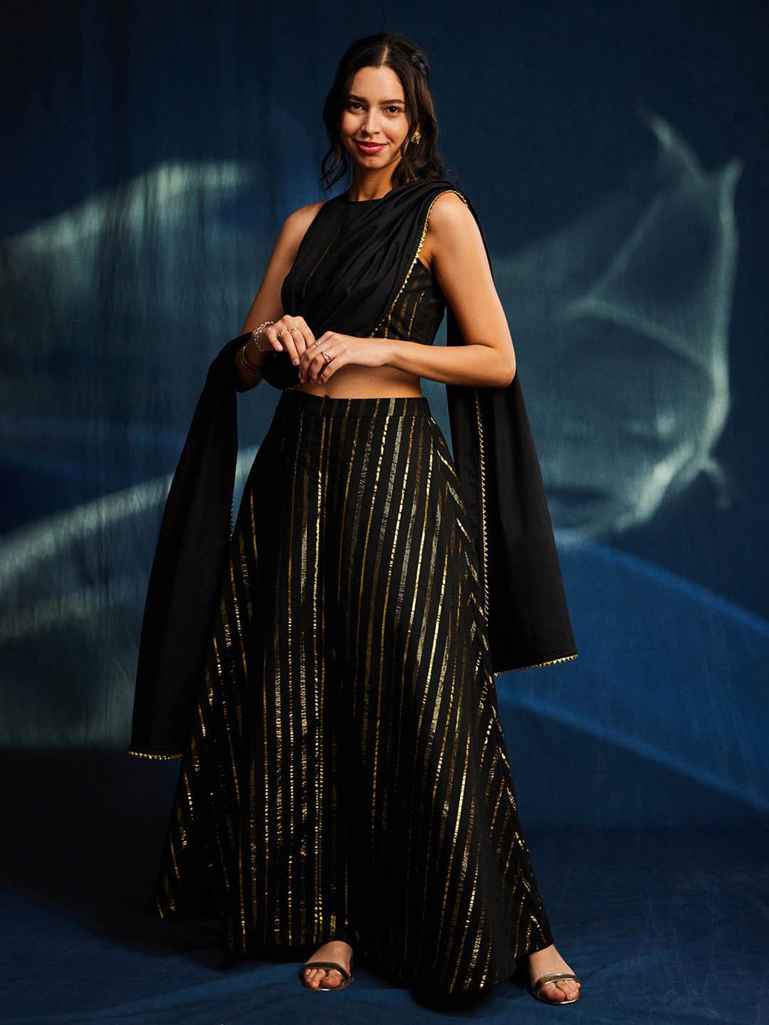 Pink Fort Black Cotton Striped Crop Top With Skirt