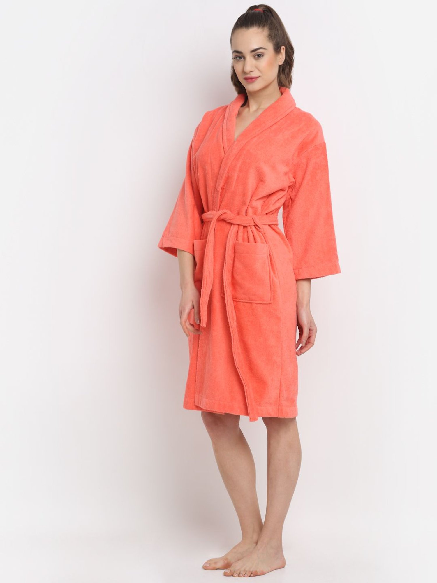 Creeva Everyday Red & Navy 225 GSM Micro Terry Bathrobe with Front Pocket & Kimono Collar