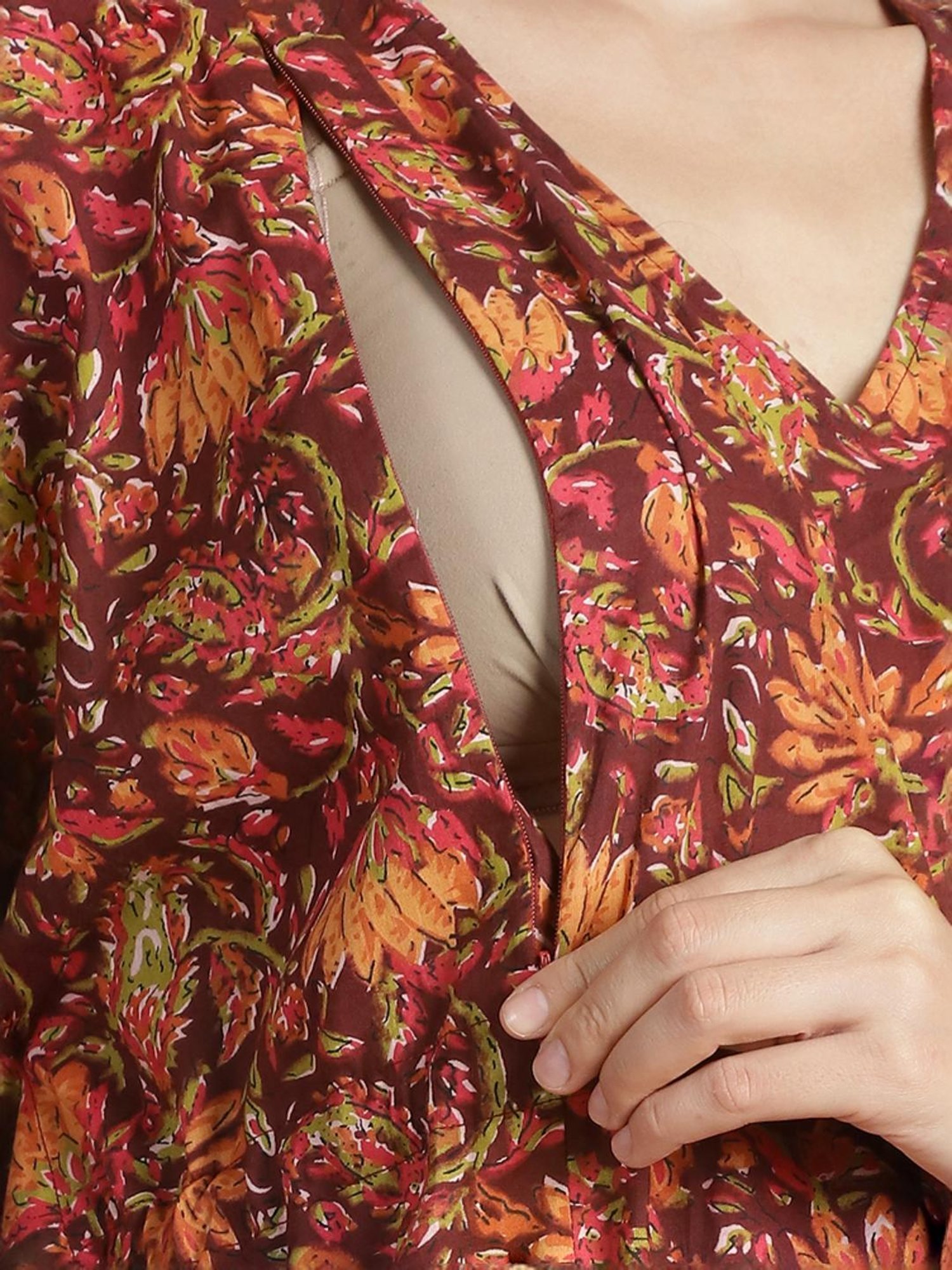Secret Wish Brown Cotton Floral Print Kaftan