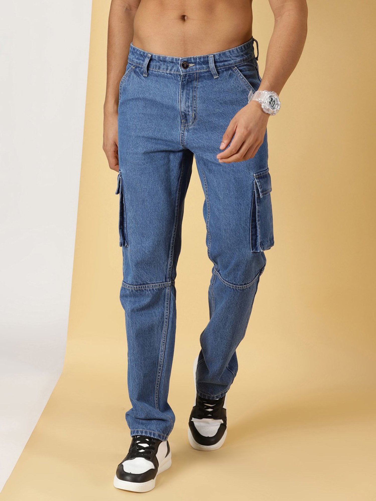Thomas Scott Blue Relaxed Fit Lightly Washed Cargo Jeans