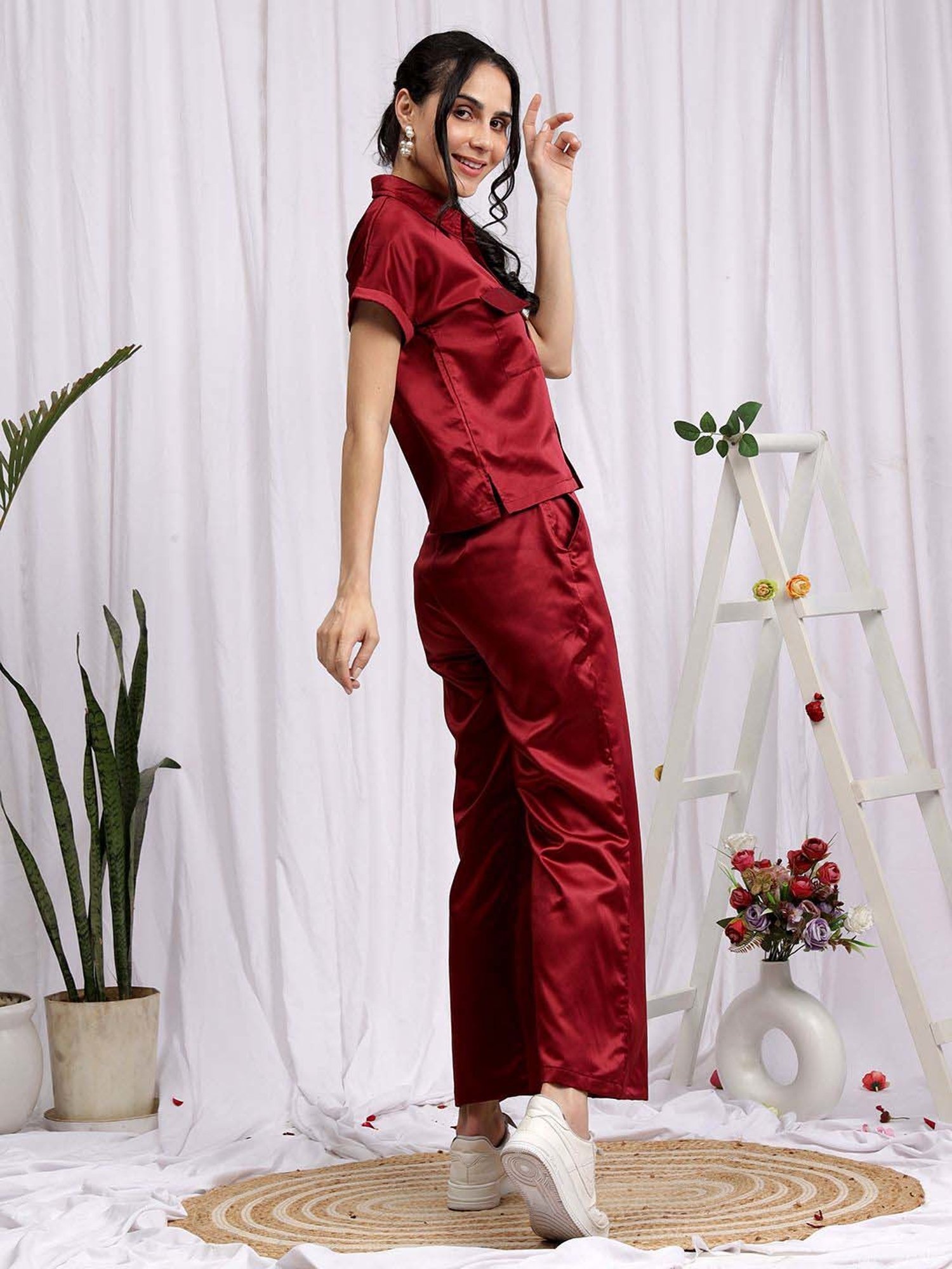 NEUDIS Maroon Plain Shirt Pants Set