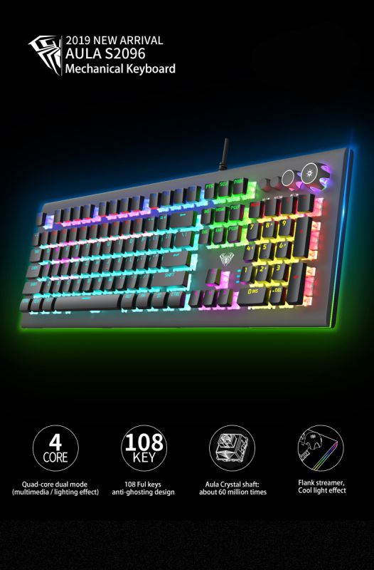 AULA S2096 Gamer Keyboard Mechanical Gaming Keyboard Backlit LED Wired 104 Keys Anti-ghosting Brown Blue Switch for PC Computer