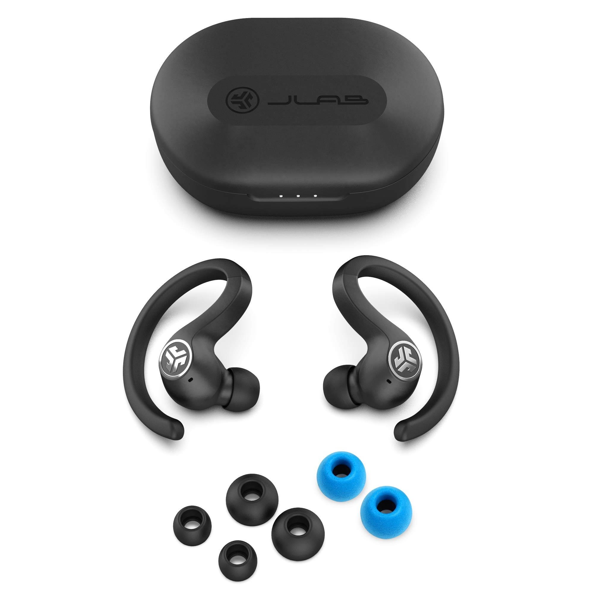 jlab audio jbuds air sport true wireless bluetooth earbuds + charging case  black  ip66 sweat resistance  class 1 bluetooth 5.0 connection  3 eq sound settings jlab signature, balanced, bass boost
