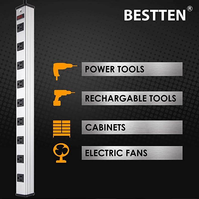 9 Outlet Wide-Spaced Metal Power Strip with 9 Foot Long Extension Cord, 15A/125V/1875W, Heavy Duty Aluminum Alloy Housing, ETL Listed, Silver