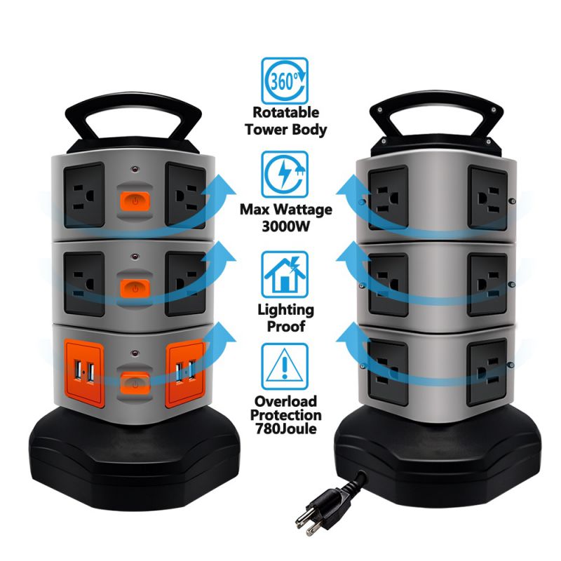 Surge Protector Power Strip, Safety Universal Electric Charging Station; with 10 Outlets 4 USB/Rotating Tower/ 6 feet Cord Wire Extension Power Strip Tower (10 Outlets 4 USB)