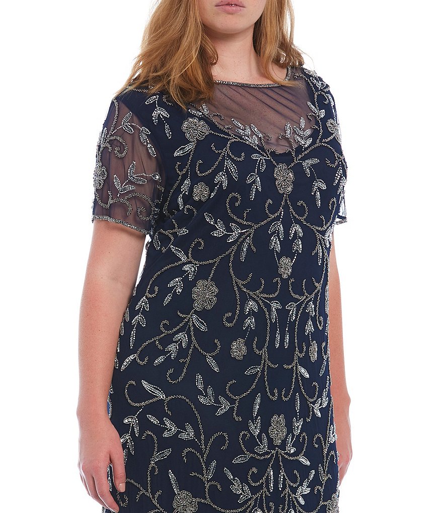 Pisarro Nights Plus Size Short Sleeve Illusion Boat Neck Front Gown