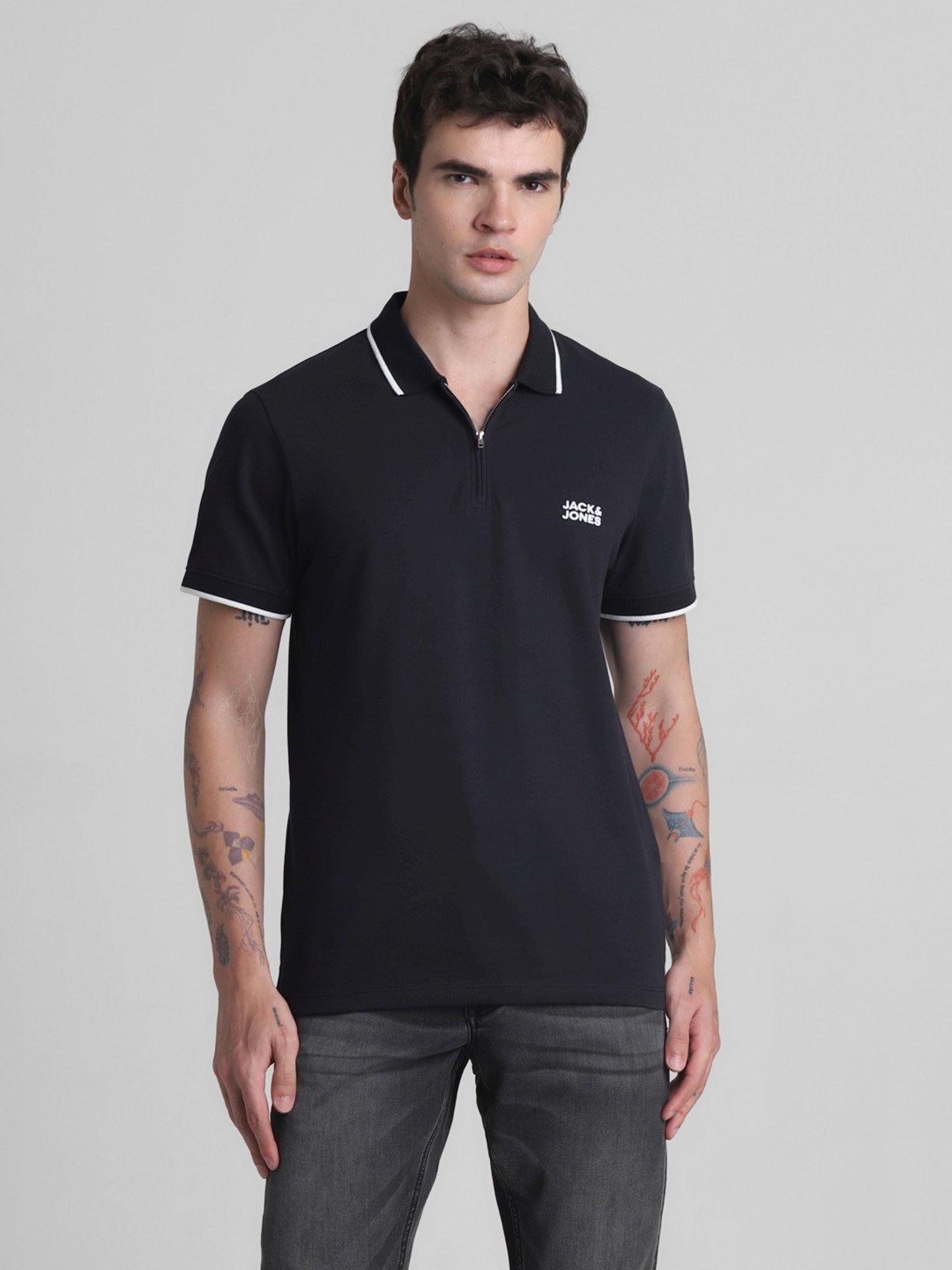 Jack & Jones Jet Black Cotton Slim Fit Polo T-Shirt