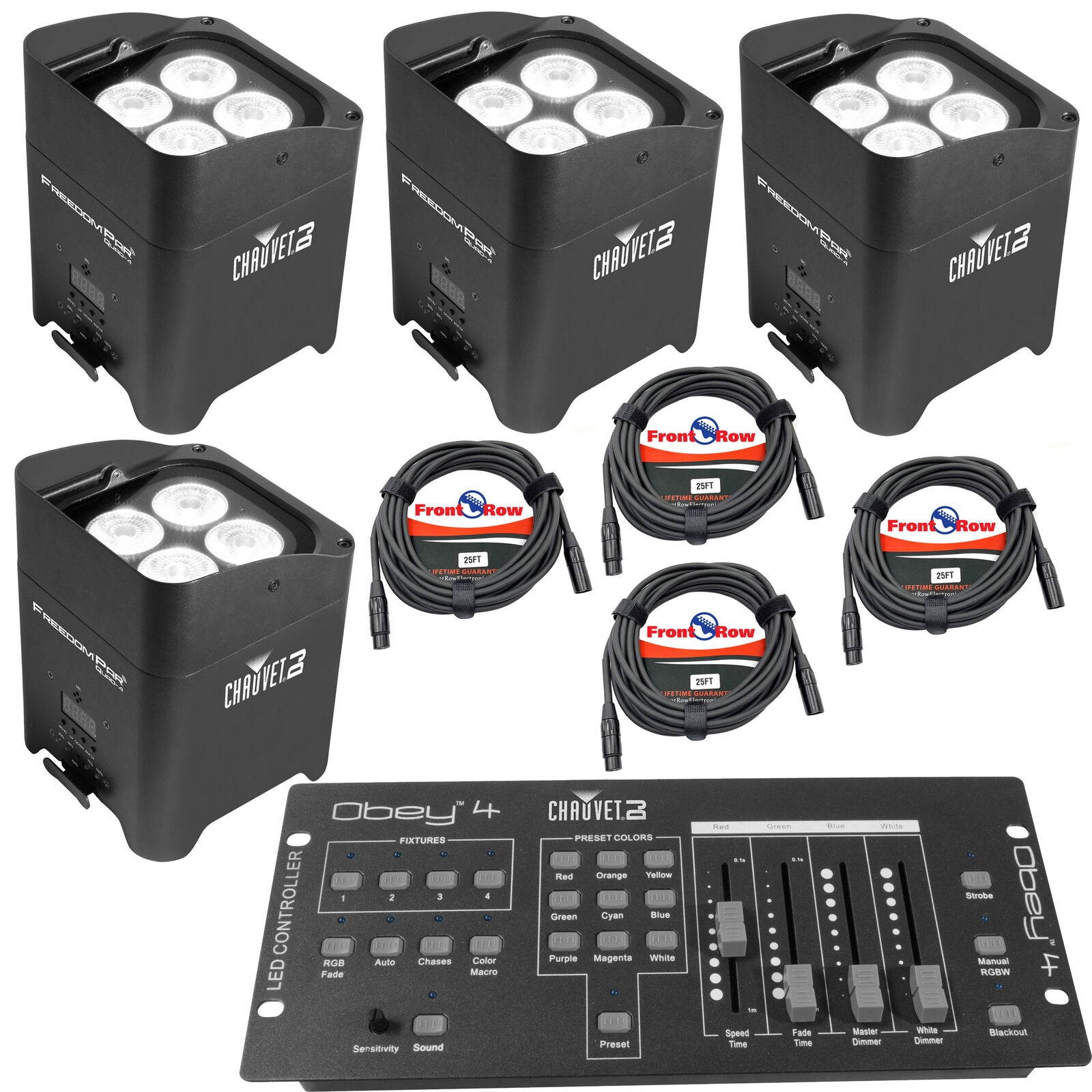 4 Chauvet DJ Freedom Par Quad 4 Wireless Wash Lights w/DMX Controller & cables