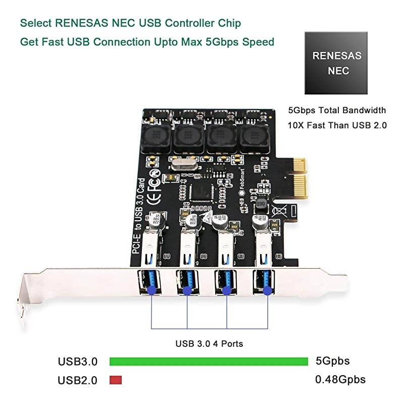 PCIE 4-Ports Super Fast 5Gbps USB 3.0 Expansion Card for Windows Server XP Vista 7 8 8.1 10 (32/64bit) Desktop PC-Build in Self-Powered Technology-No Need Additional Power Supply (FS-U4L-Pro)