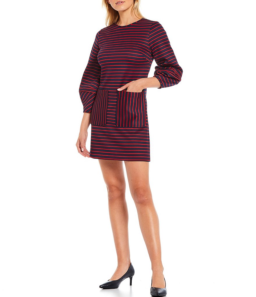 LDT Faith Scuba Lantern 3/4 Sleeve Striped Shift Round Neck 3/4 Sleeve Dress