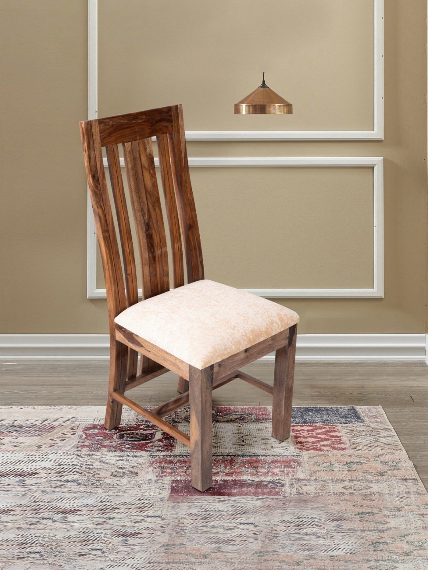 Ikiriya Columbus Solid Brown & Beige Wood Dining Chair Teak Finish