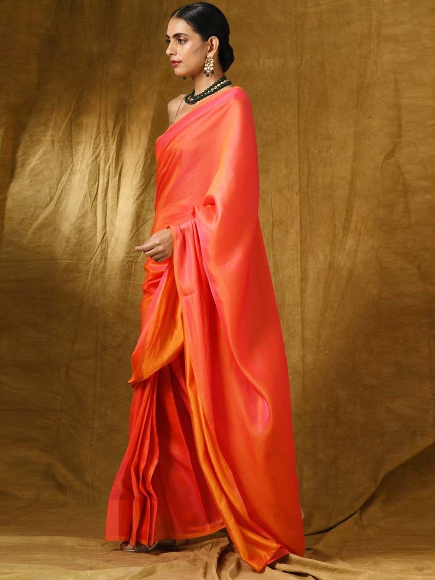 Swtantra Pink & Orange Satin Saree
