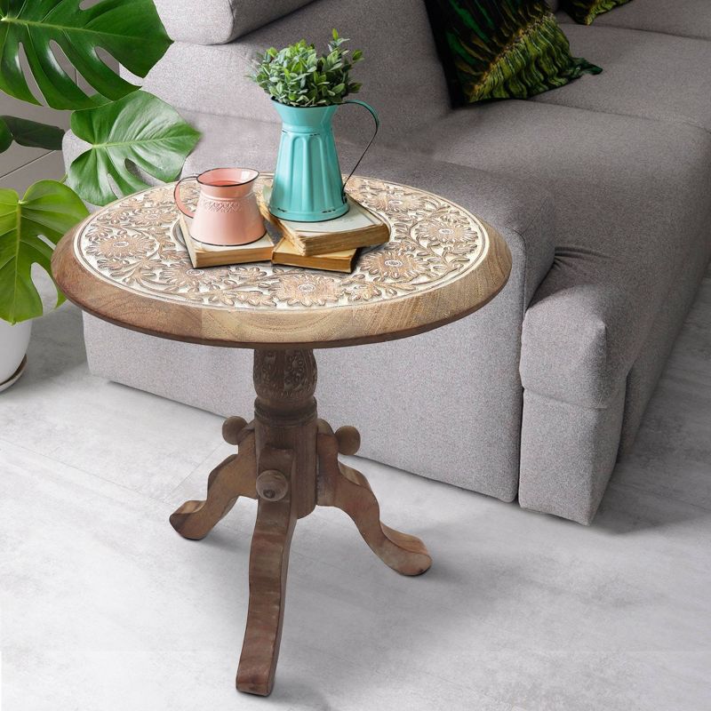Intricately Carved Round Top Mango Wood Side End Table with Pedestal Base Brown/White - The Urban Port