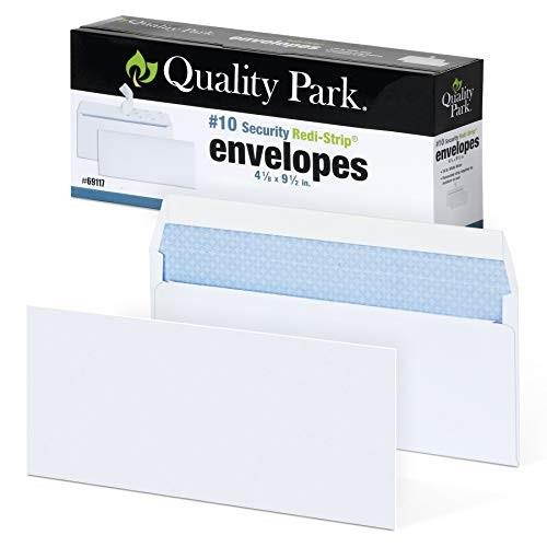 quality park #10 selfseal security envelopes, security tint and pattern, redistrip closure, 24lb white wove, 41/8" x 91/2", 100/box qua69117