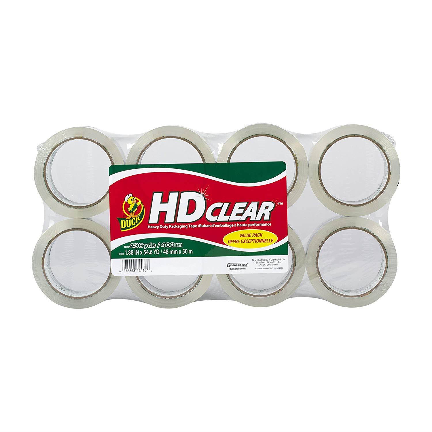 Duck Brand HD Clear Heavy Duty Packaging Tape; 1.88 Inches x 54.6 Yards, Clear, 8 Pack (282195)