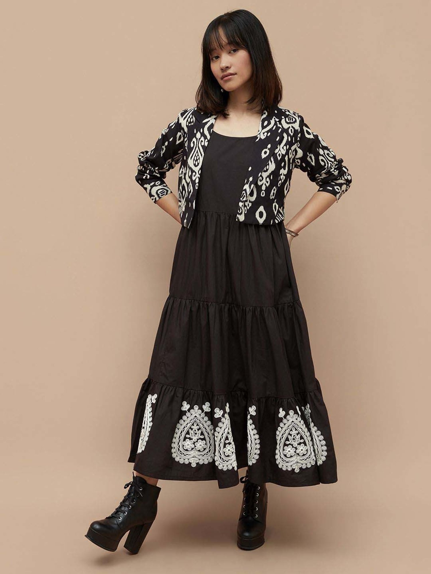 Colour Me by Melange Black Cotton Embroidered Maxi Dress With Jacket