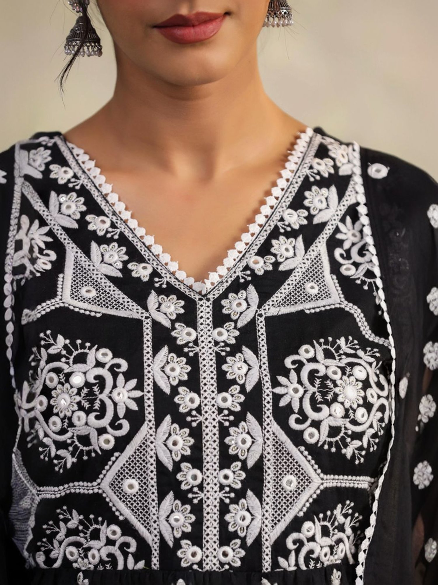 SCAKHI Intense Black Cotton Embroidered Kurti Sharara Set With Dupatta