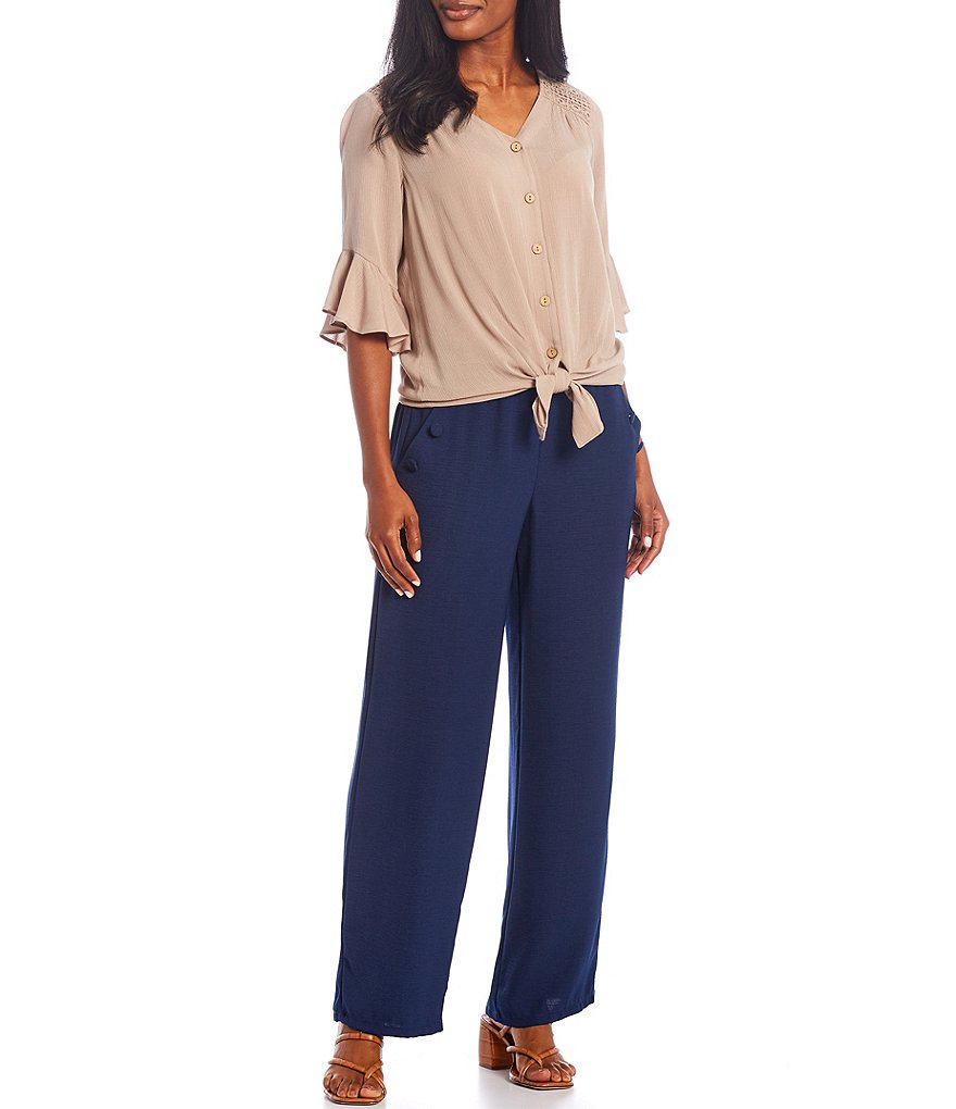 I.N. Studio Solid Crepon V-Neck Button Down Tie Front Top