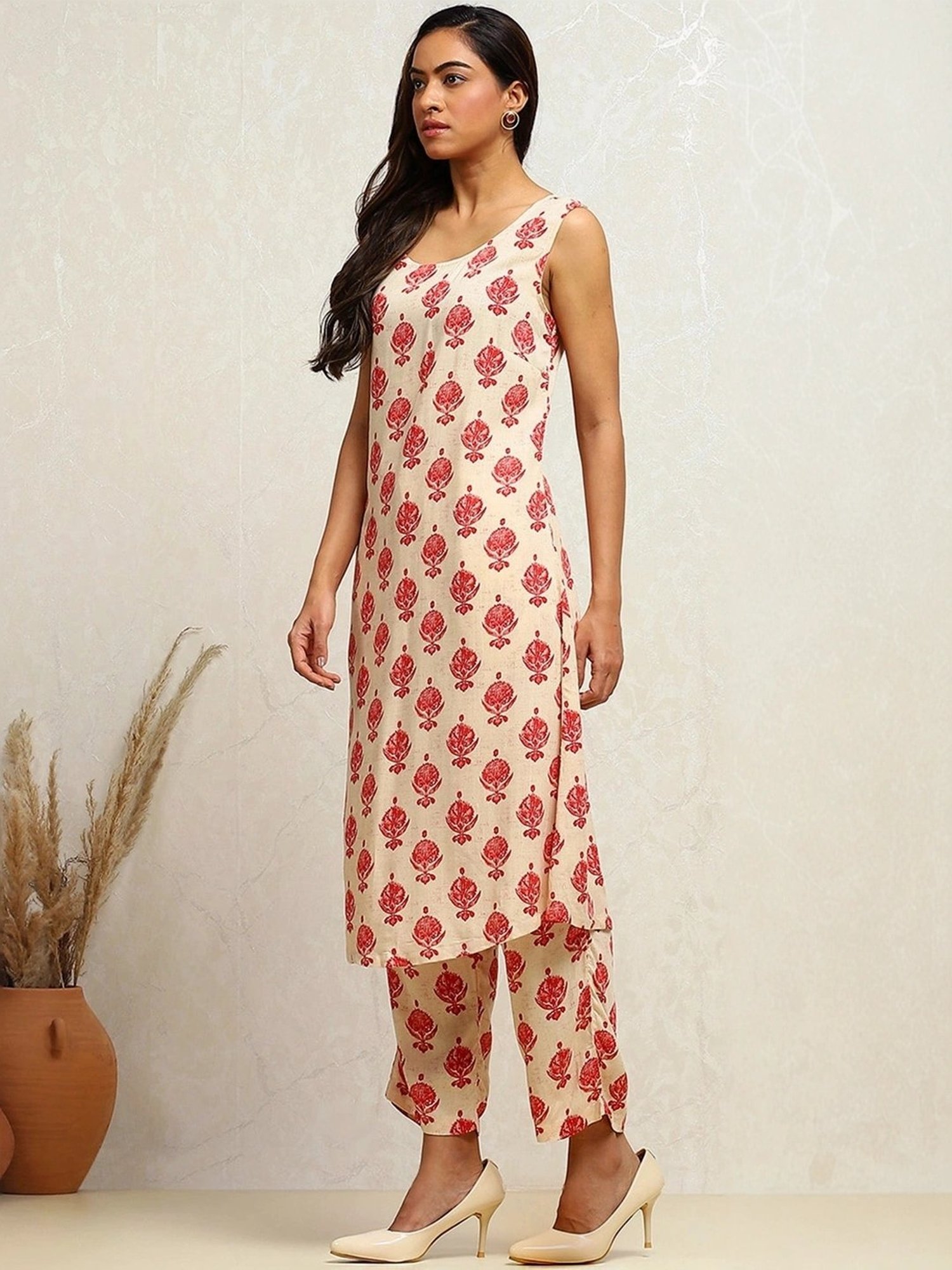 Biba Cream Printed Kurta Palazzo Set With Shrug