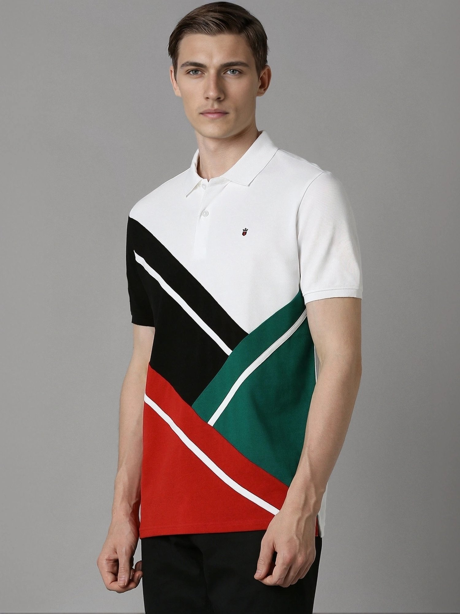 Louis Philippe White Cotton Slim Fit Colour Block Polo T-Shirt