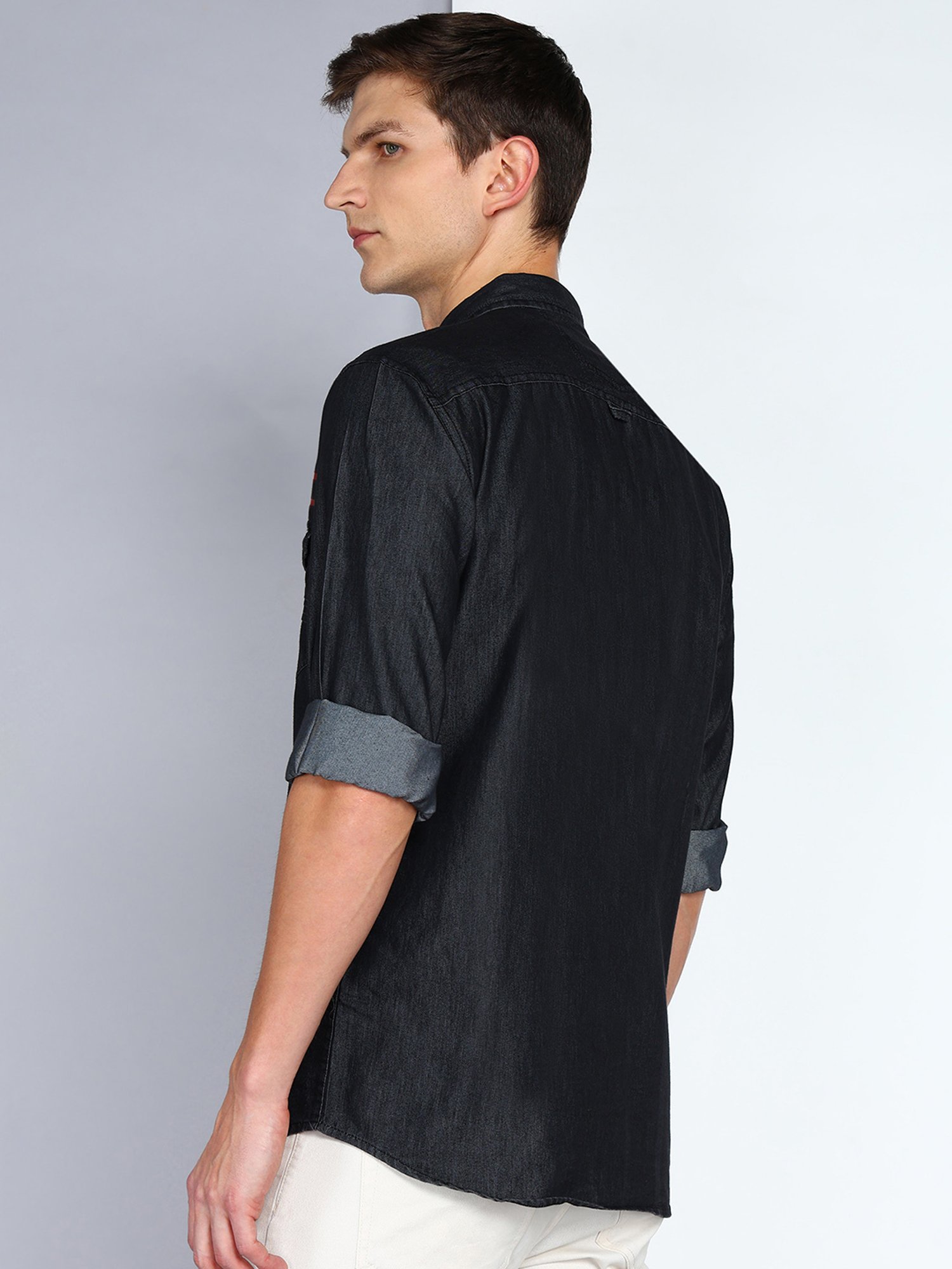 Kuons Avenue Charcoal Slim Fit Striped Denim Shirt