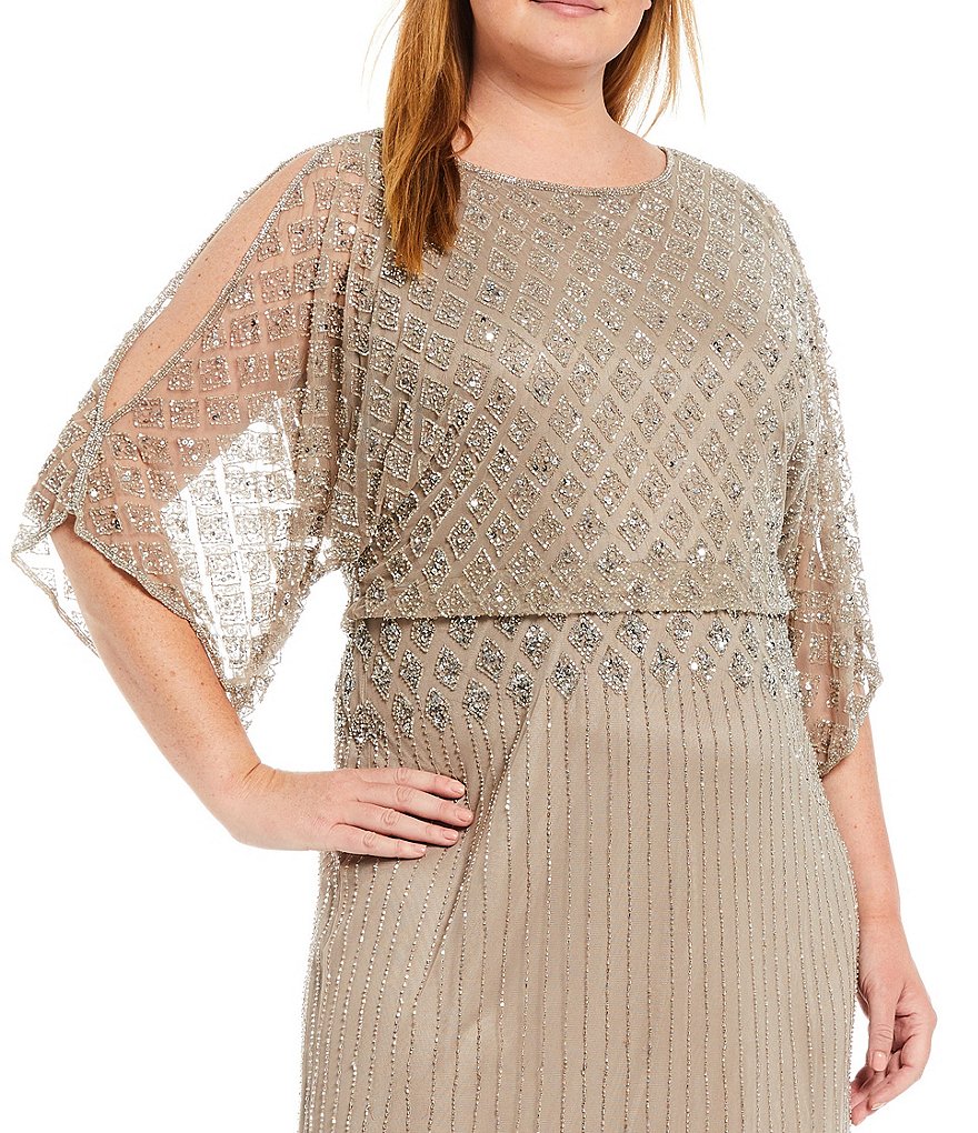 Pisarro Nights Plus Size Round Neck 3/4 Flutter Sleeve Beaded Bodice Blouson Gown