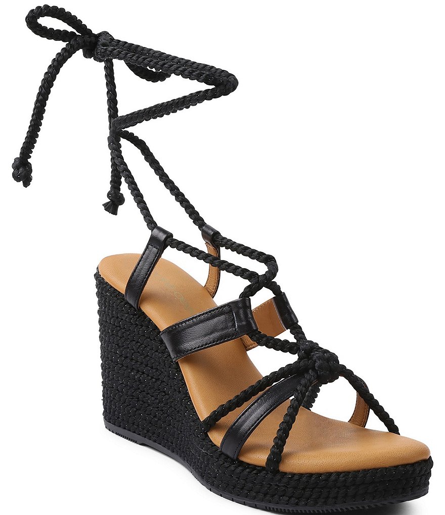 Andre Assous Ash Leather Ankle Wrap Braided Platform Wedge Sandals