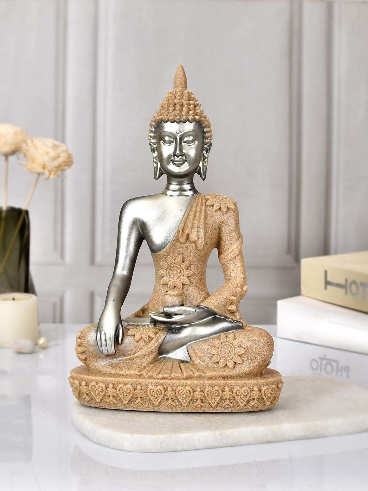 Tayhaa Silver Resin Meditative Serenity Buddha Idol