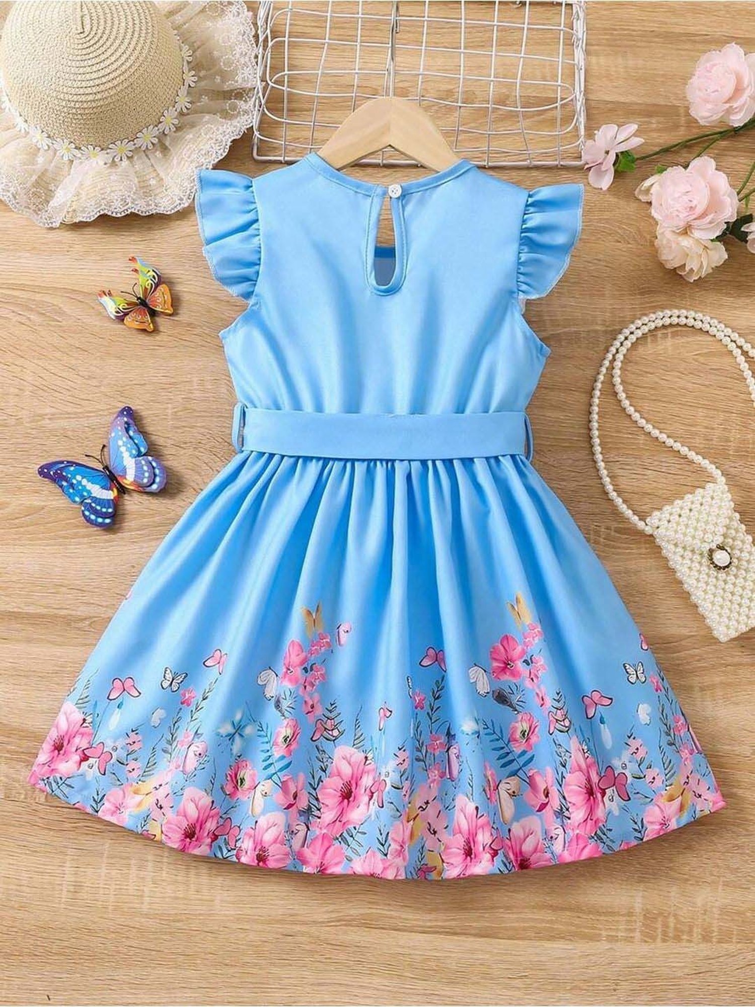 Bolly Lounge Girls Sky Blue & Pink Floral Dress