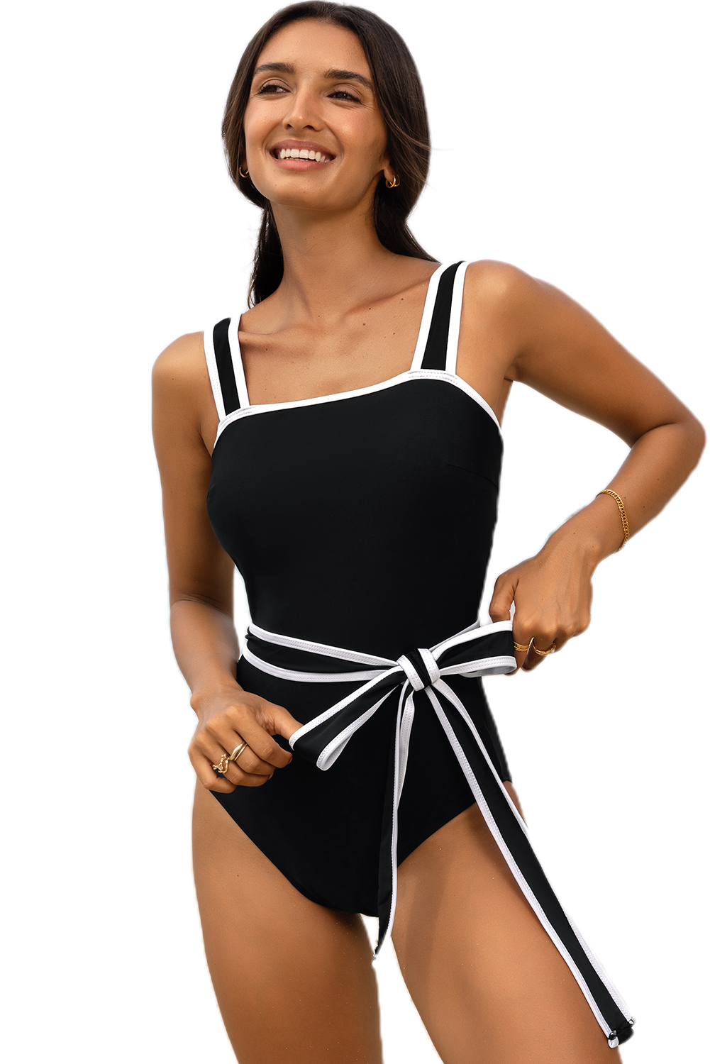 Rose Red Criss Cross Straps Tie Back Flared One Piece Swimsuit