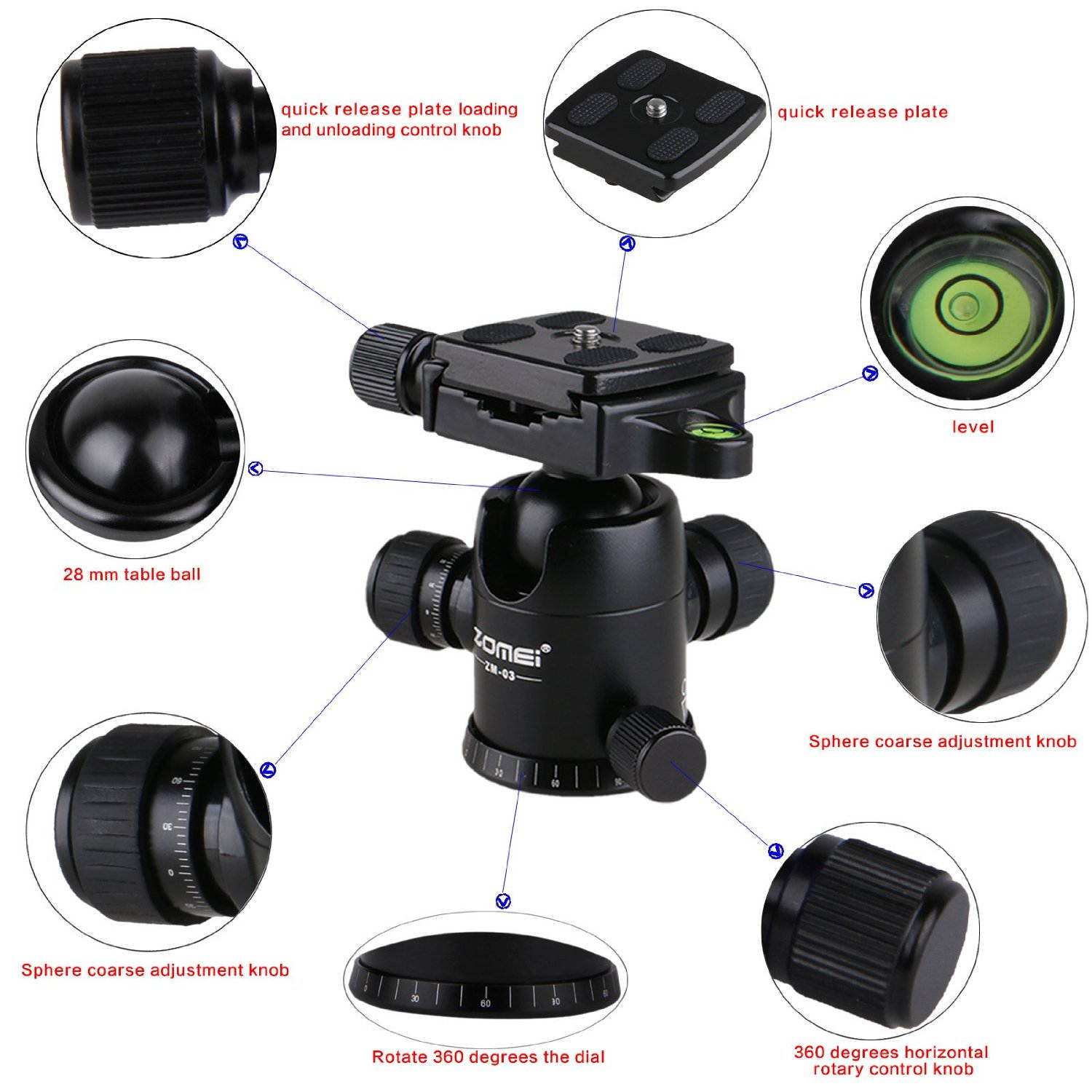 ZOMEi ZM-03 Photography Tripod Ball Head (Updated Version) Ballhead+Quick Release Plate Pro Camera Tripod Max to 8KG
