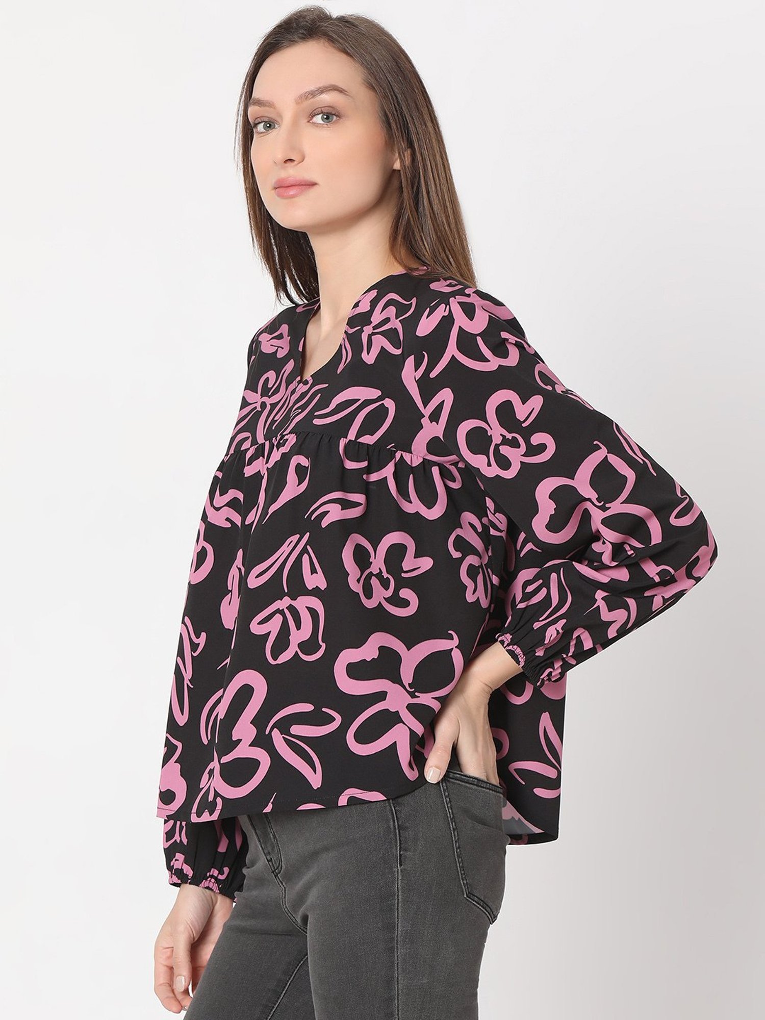 Vero Moda Black & Pink Printed Top
