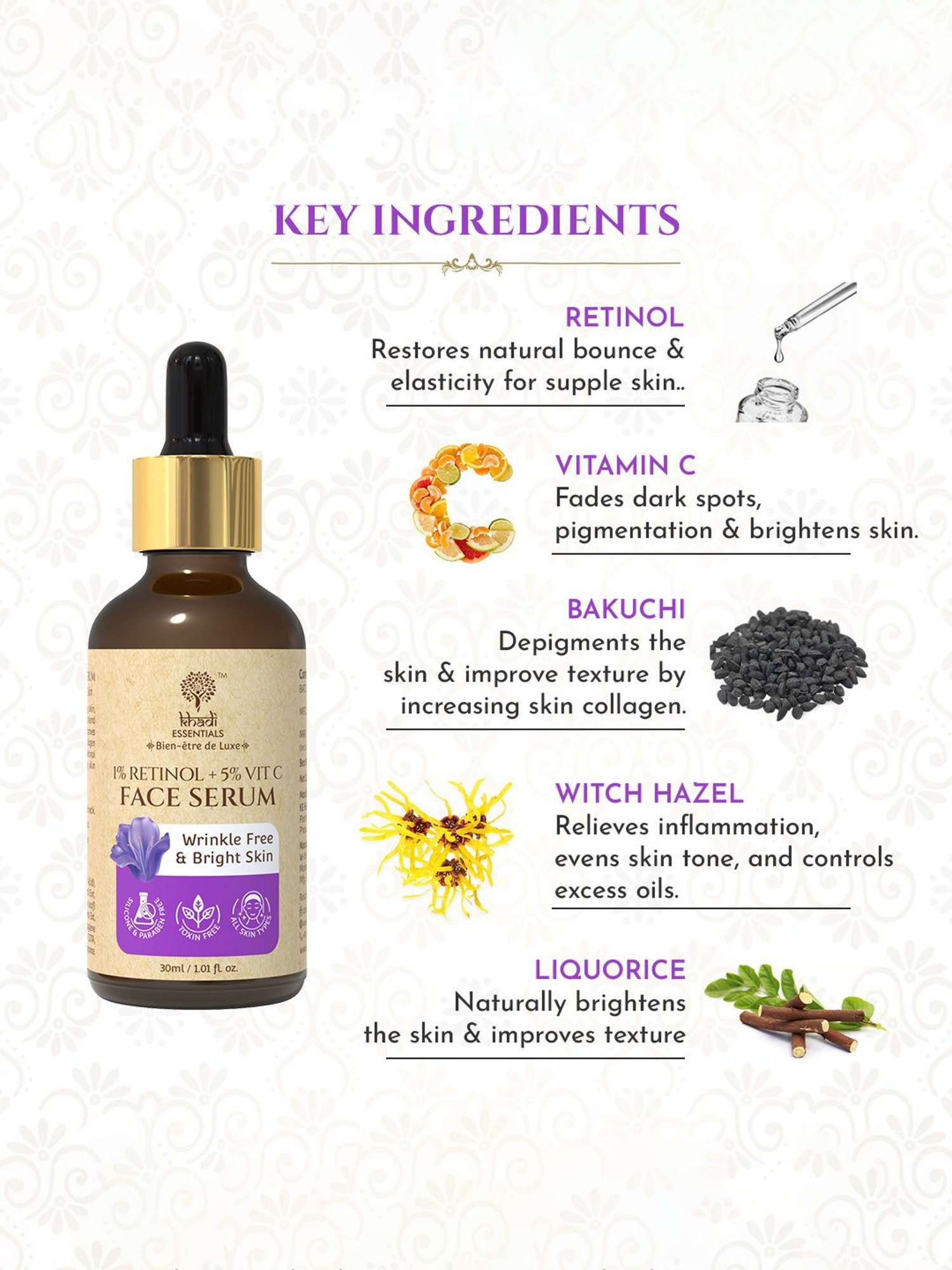 Khadi Essentials 1% Retinol + 5% Vitamin C Face Serum with Bakuchi for Men & Women - 30 ml