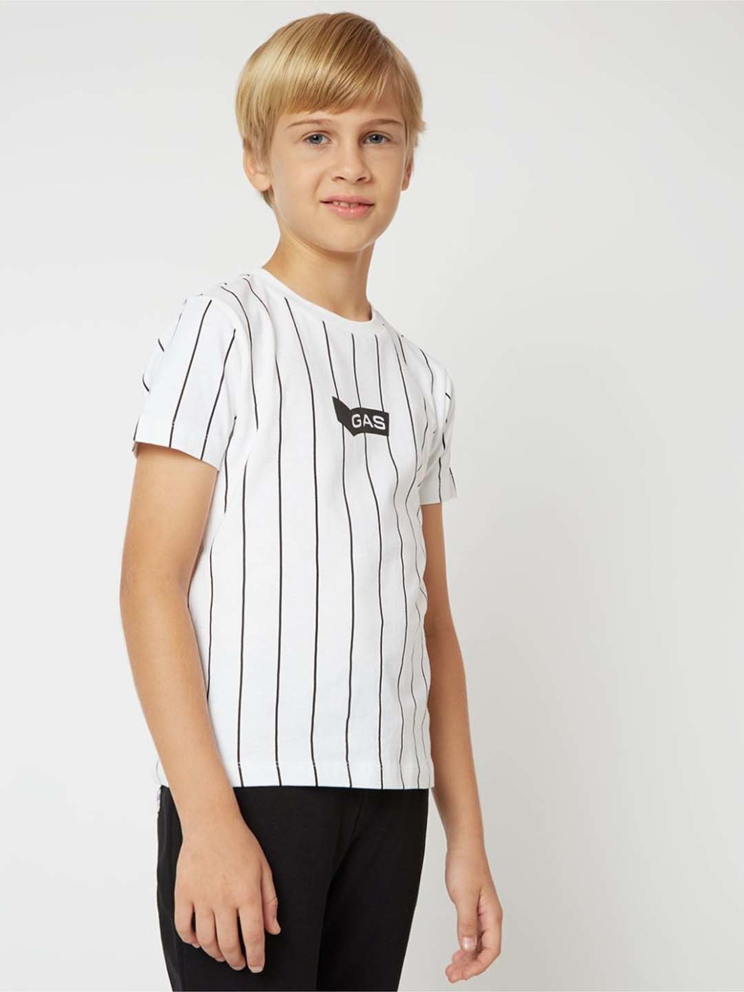 Gas Kids White Cotton Striped T-Shirt