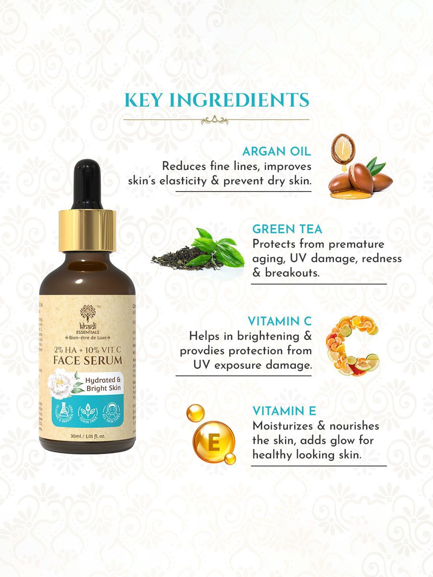Khadi Essentials 2% HA + 10% Vitamin C Face Serum with Tea Tree Extracts - 30 ml