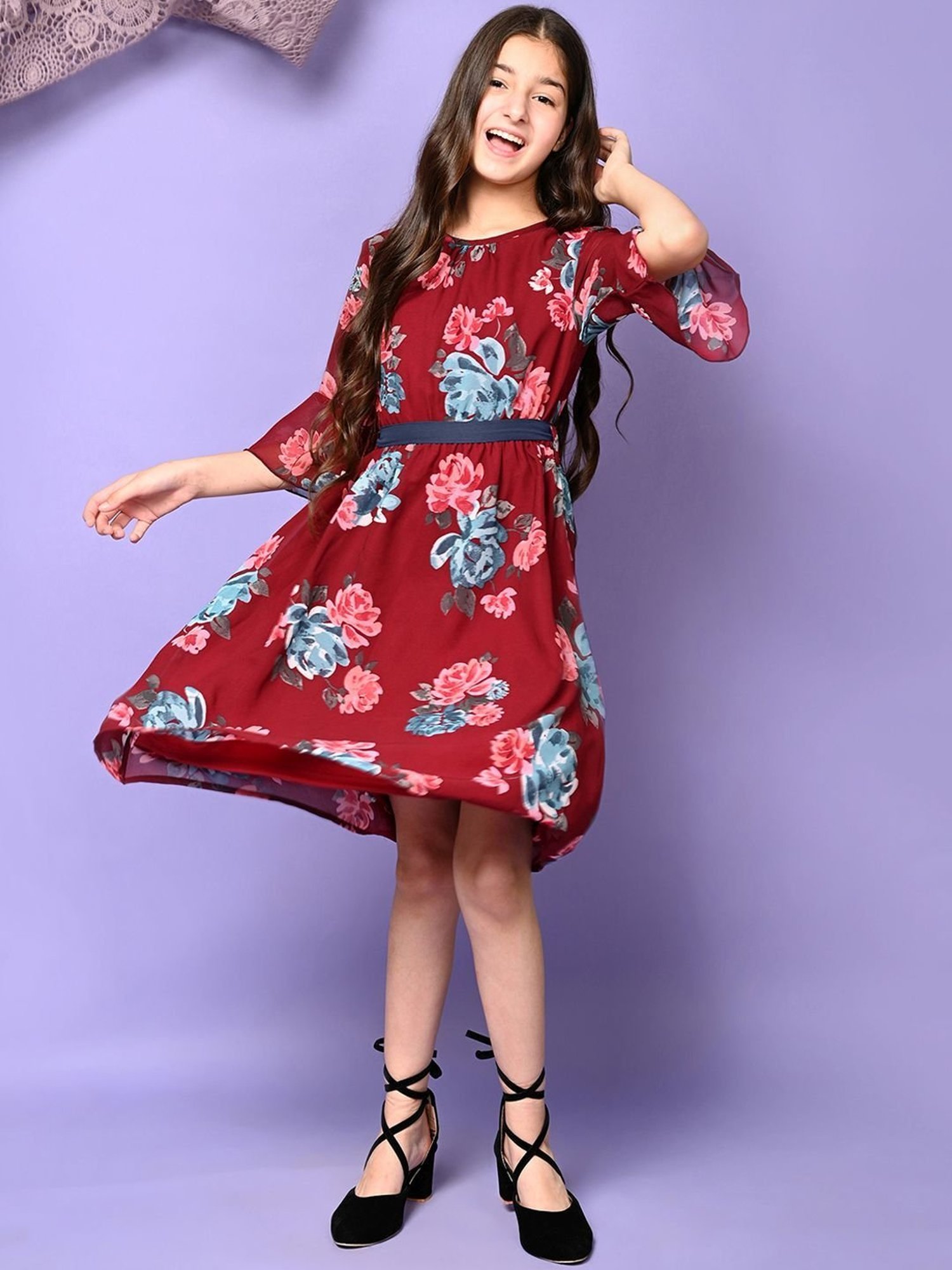 LilPicks Kids Maroon & Sky Blue Floral Print Dress