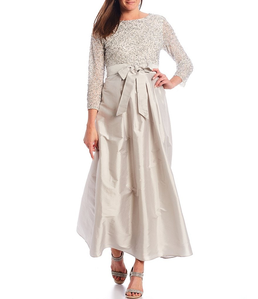 Pisarro Nights Sequined Bodice 3/4 Sleeve Tie Waist Satin Ball Gown