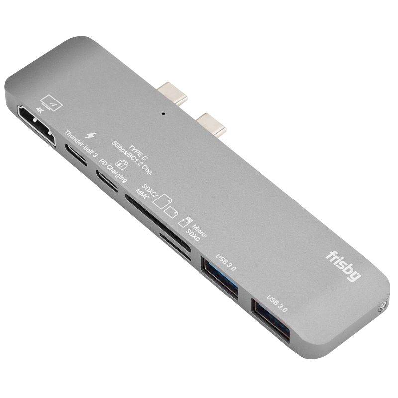 Frisby 7-in-2 Thunderbolt Hub for USB-C MacBook Pro 13"/15" 2016/2017/2018 and MacBook Air 2018 &ndash; Aluminum USB-C Adapter 4K HDMI, USB 3.0, SD